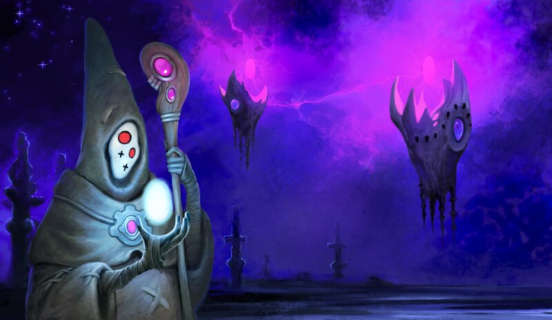 Hooded Figure with Staff — Purple, Dramatic