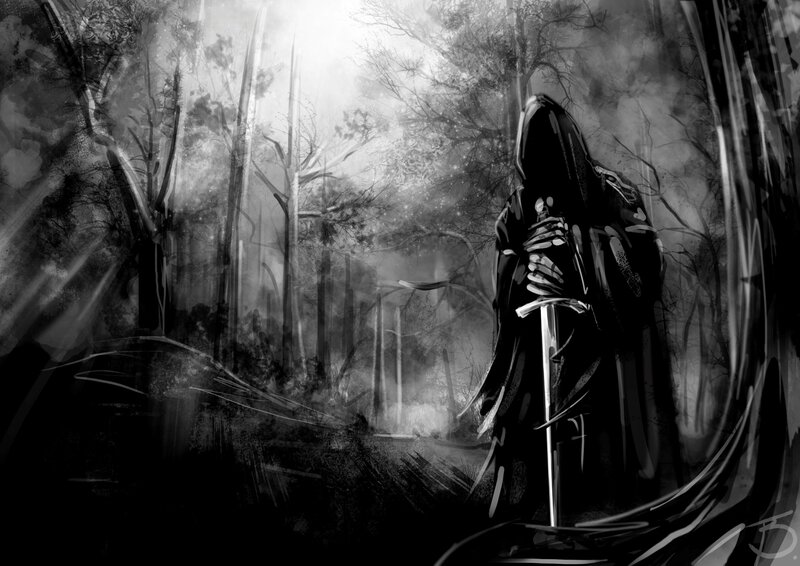 Hooded Figure with Sword — Black, Dark, Night, Digital Art, Forest, Trees