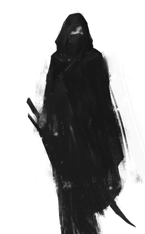 Hooded Figure with Sword — Black, Dramatic, Digital Art, Mask