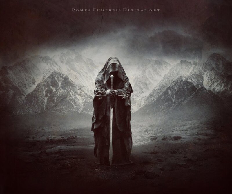 Hooded Figure with Sword — Black, Dramatic, Digital Art, Mountains