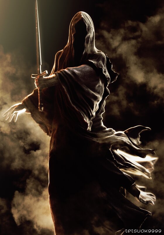 Hooded Figure with Sword — Black, Dramatic, Digital Art, Smoke