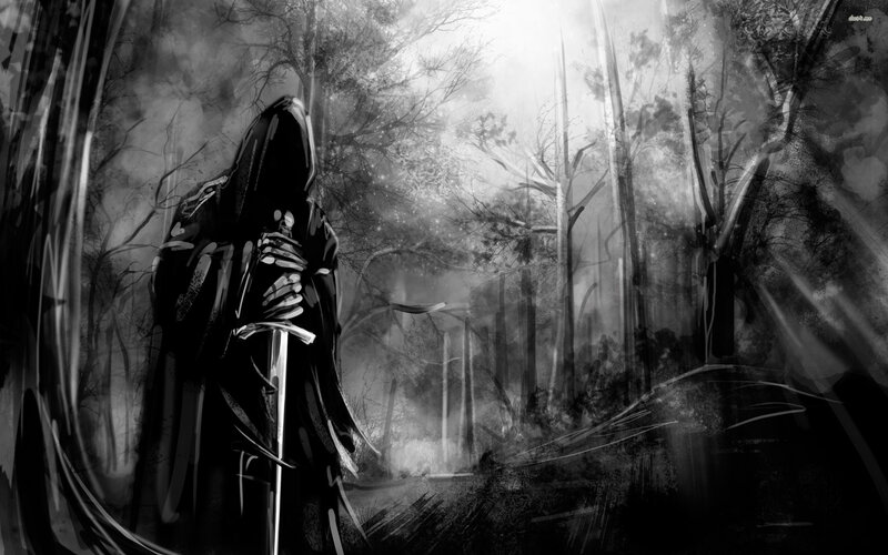Hooded Figure with Sword — Black, Dramatic, Digital Art