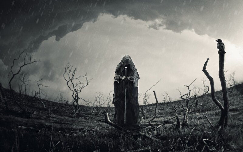 Hooded Figure with Sword — Black, Dramatic, Night, Digital Art, Crow
