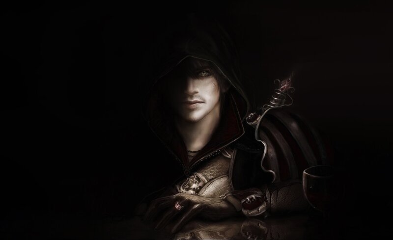 Hooded Figure with Sword — Black, Dramatic, Night, Digital Art, Goblet, Armor