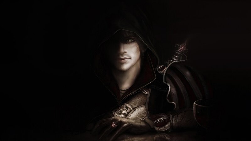 Hooded Figure with Sword — Black, Dramatic, Night, Digital Art, Goblet