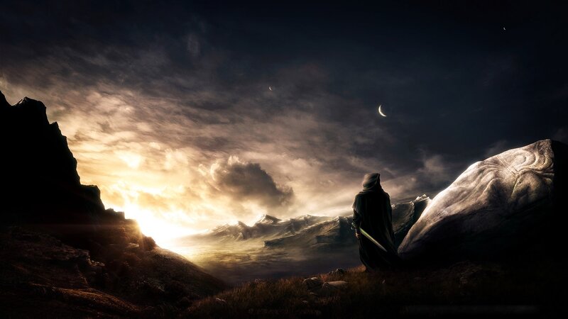 Hooded Figure with Sword — Black, Dramatic, Night, Digital Art, Mountains