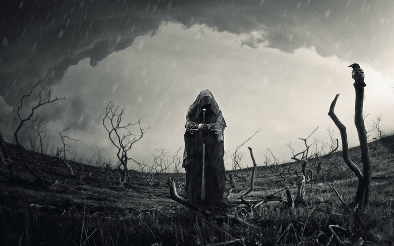 Hooded Figure with Sword — Black, Dramatic, Night, Digital Art