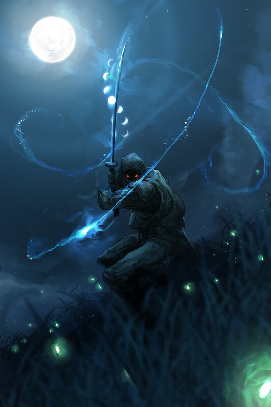 Hooded Figure with Sword — Blue, Dramatic, Night