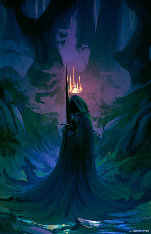 Hooded Figure with Sword — Blue, Dramatic