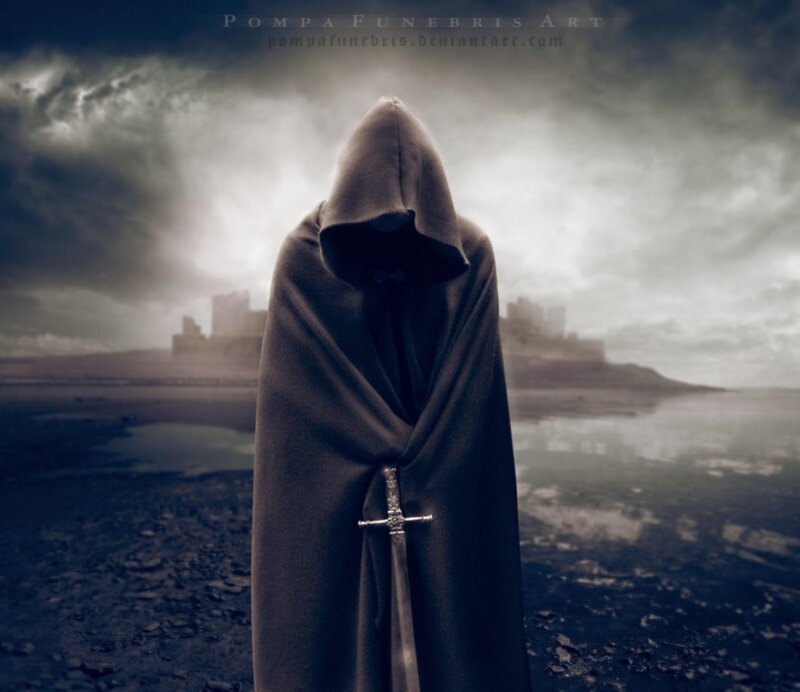 Hooded Figure with Sword — Gray, Dramatic, Digital Art