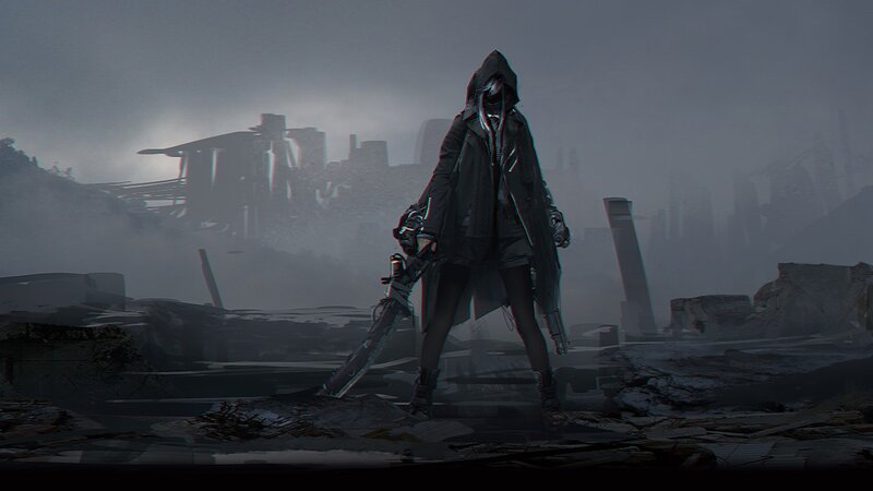 Hooded Figure with Sword — Gray, Dramatic, Night, Digital Art, Ruins