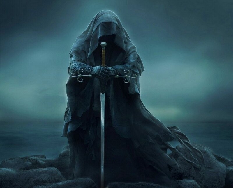 Hooded Figure with Sword — Gray, Dramatic, Night