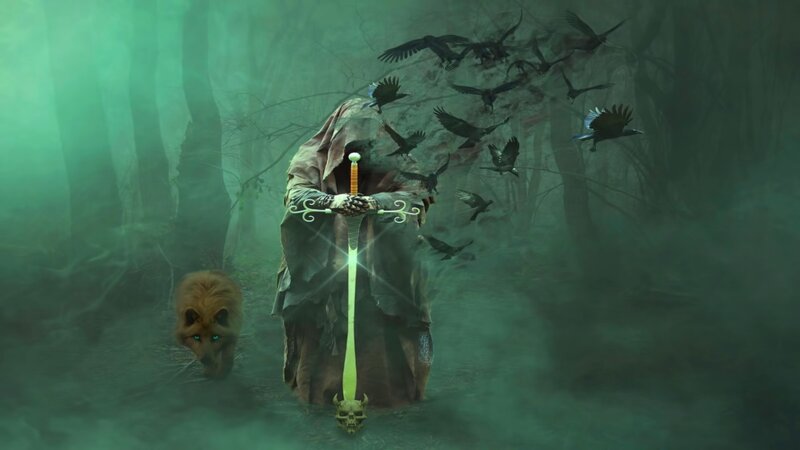 Hooded Figure with Sword — Green, Dark