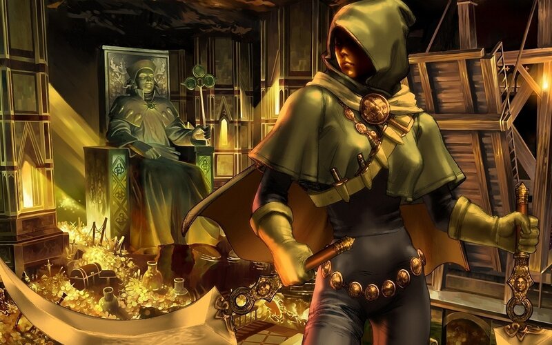 Hooded Figure with Sword — Green, Dramatic
