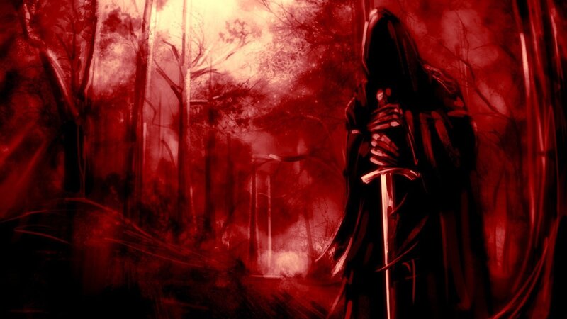 Hooded Figure with Sword — Red, Dark, Night
