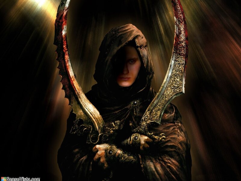 Hooded Figure with Swords — Black, Dramatic, Digital Art