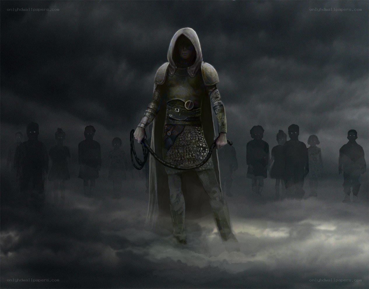 hooded figure with whip