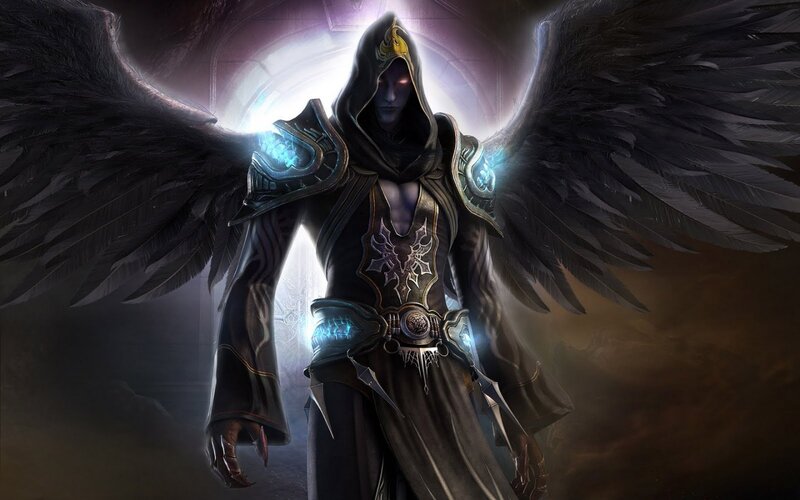Hooded Figure with Wings — Black, Dramatic, Digital Art, Armor, Glowing Eyes, Purple