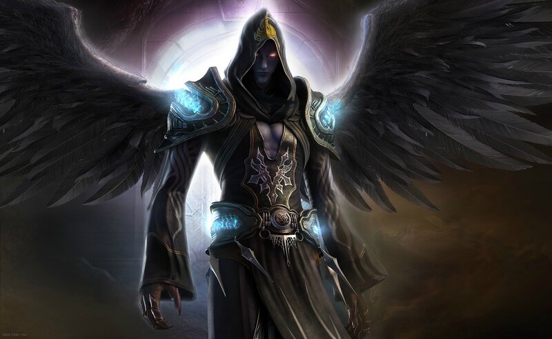 Hooded Figure with Wings — Black, Dramatic, Digital Art, Armor, Glowing Lights