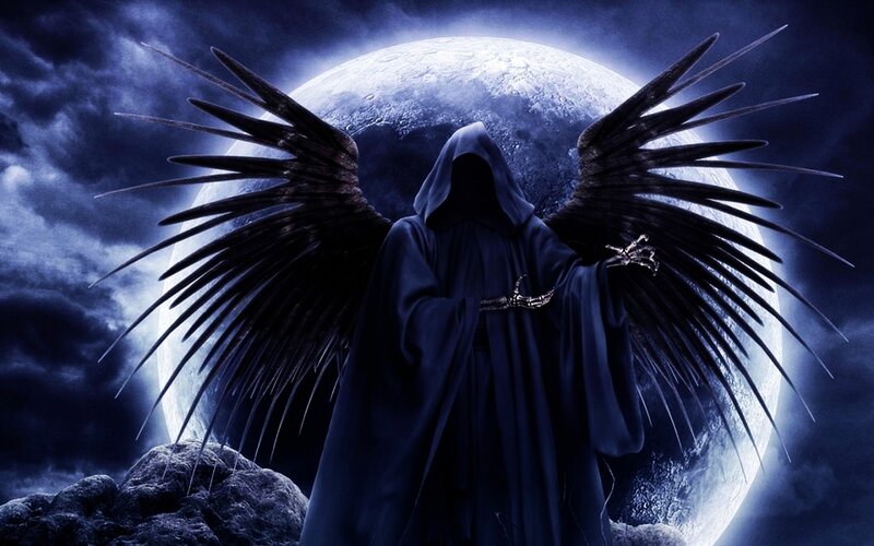 Hooded Figure with Wings — Blue, Dramatic, Night
