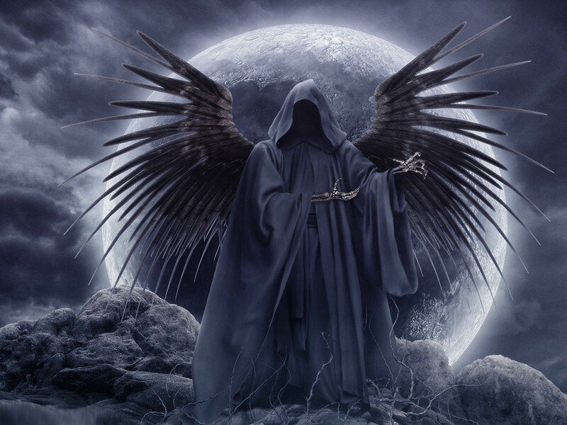 Hooded Figure with Wings — Gray, Dramatic, Night, Digital Art, Moon