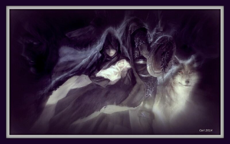 Hooded Figure with Wolf