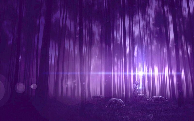 Hooded Figure with Wolves — Purple, Mystical
