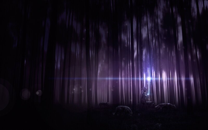 Hooded Figure with Wolves — Purple