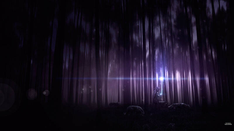 Hooded Figure with Wolves