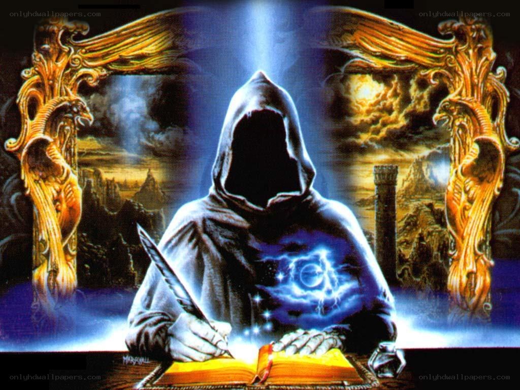hooded figure writing in book