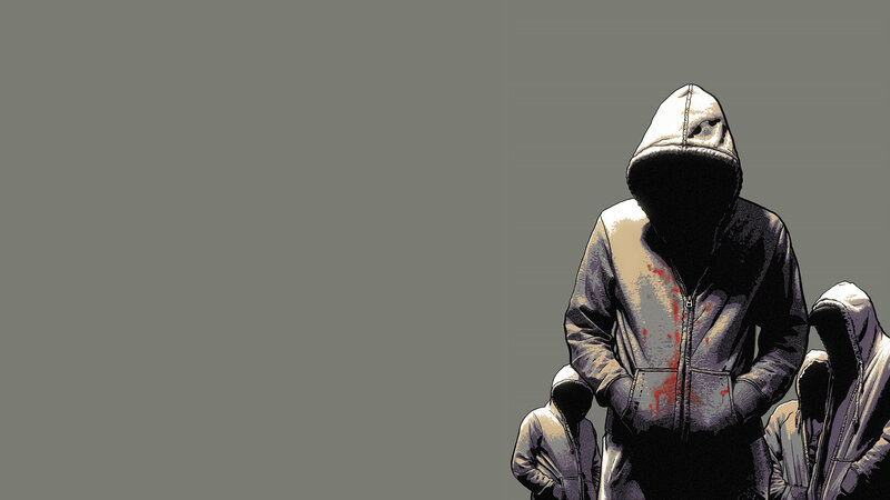 hooded figures with bloodstains
