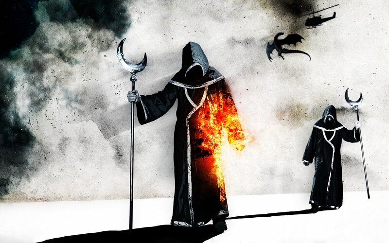 Hooded Figures with Staffs — Black, Dramatic, Digital Art