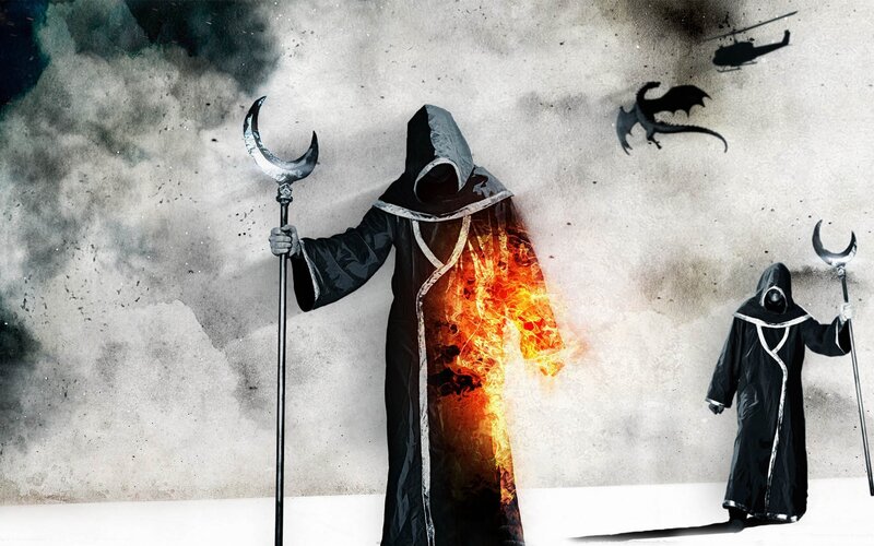 Hooded Figures with Staffs — Black, Dramatic