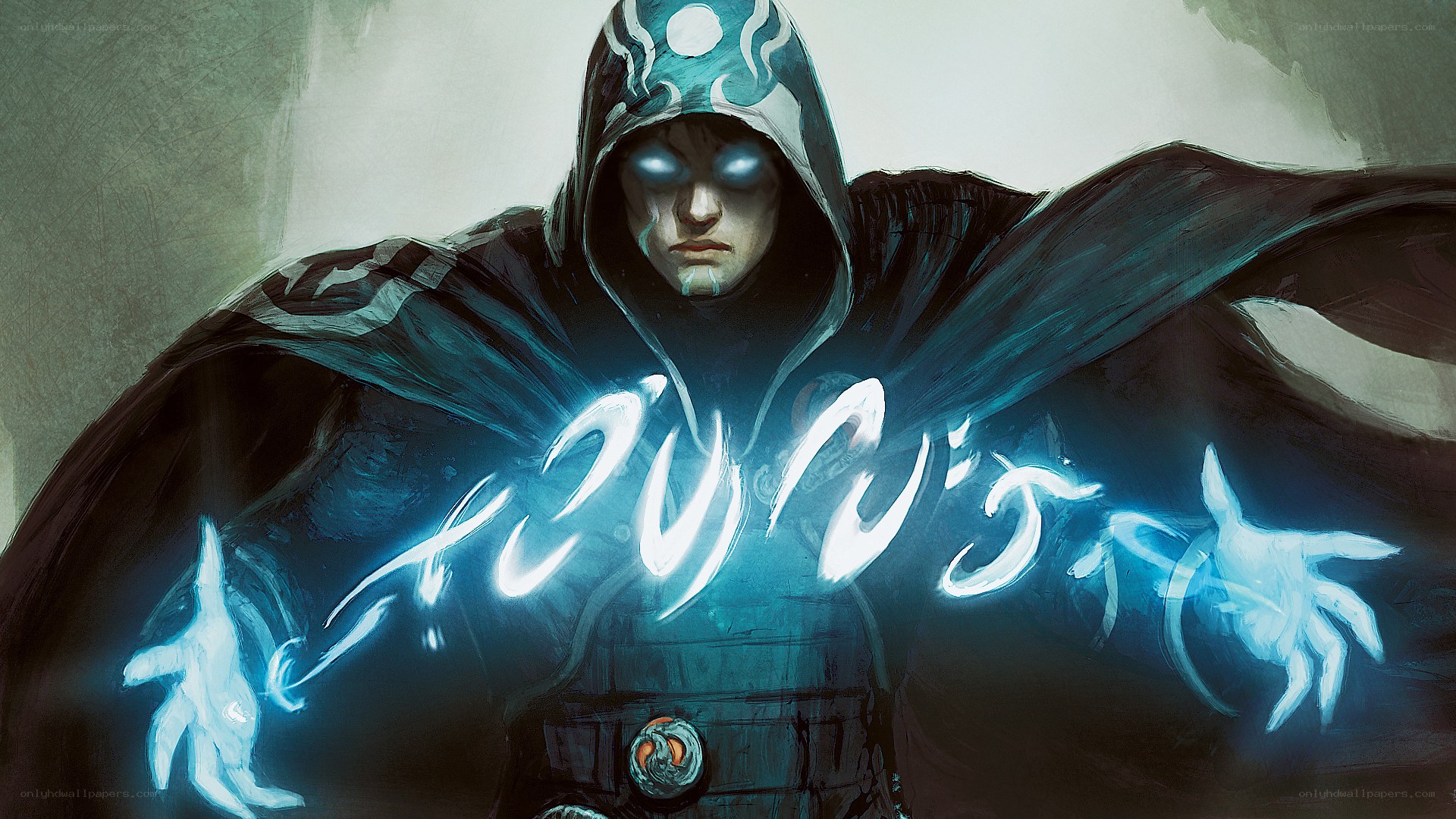 hooded mage with glowing hands