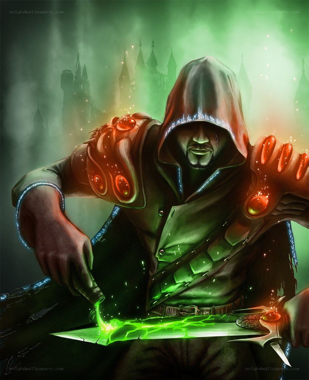 hooded mage with glowing sword