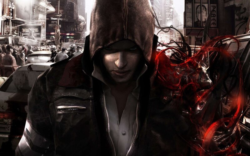 Hooded Man with Red Energy — Black, Dark, Dramatic, Afternoon