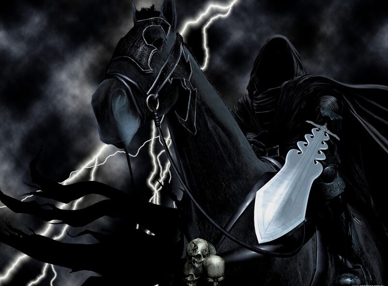 Hooded Rider on Black Horse