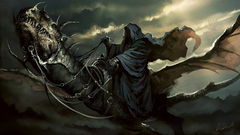 Hooded Rider on Dragon — Gray, Dramatic