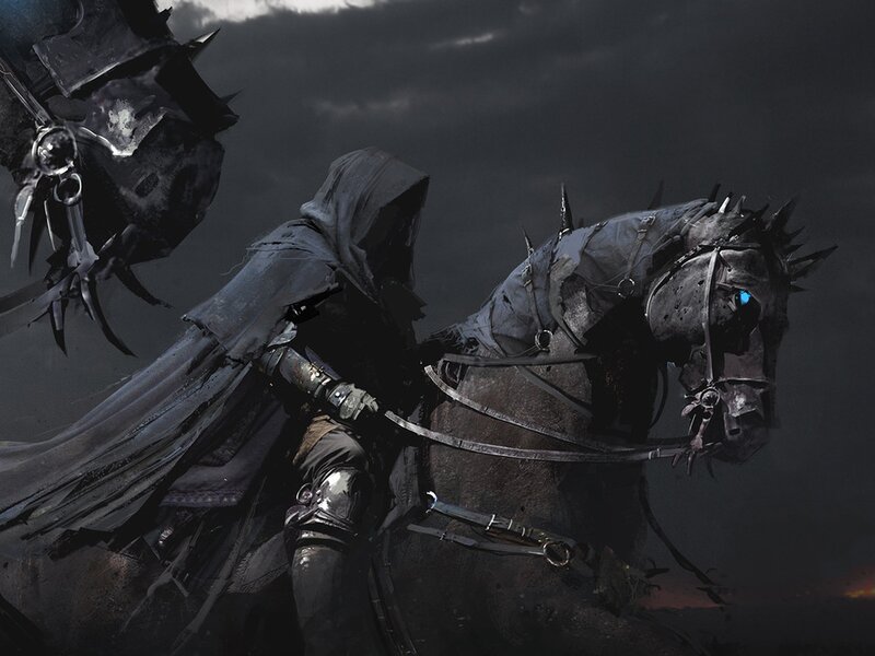 Hooded Rider on Horse — Black, Dramatic
