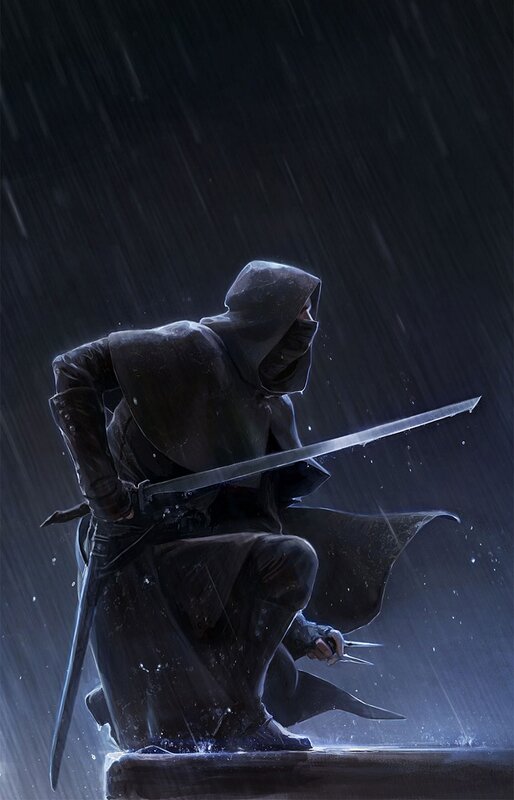 Hooded Warrior in Rain — Black, Dramatic