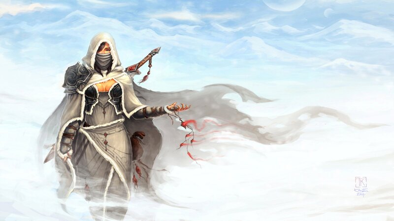 Hooded Warrior in Snow — White, Dramatic