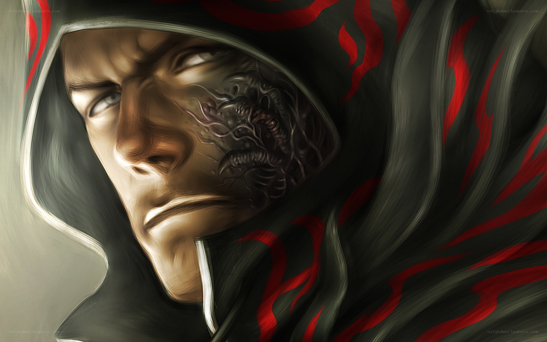 hooded warrior with cybernetic face