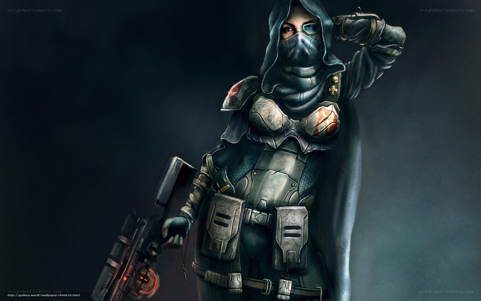 hooded warrior with futuristic weapon
