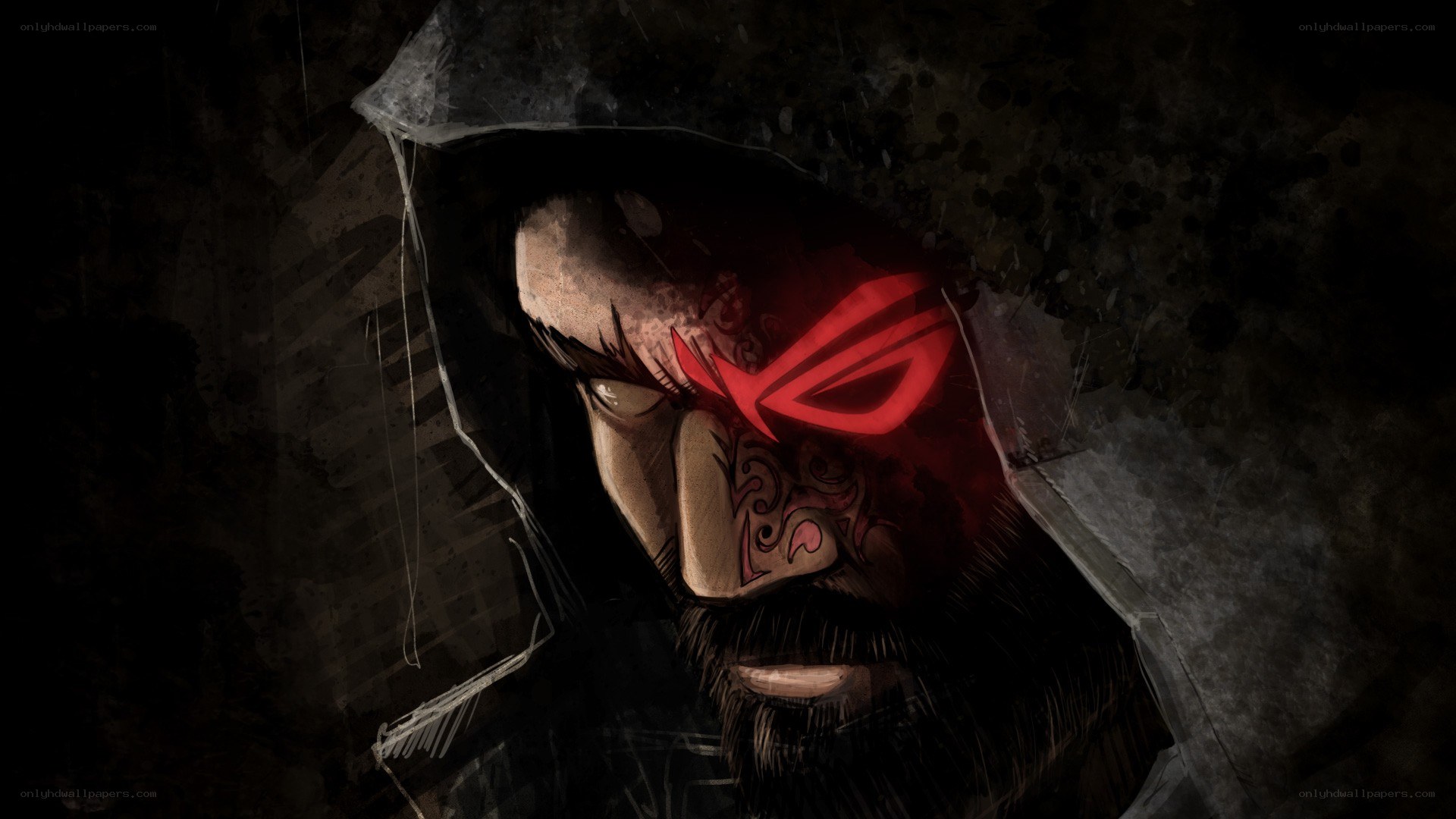 hooded warrior with glowing red eye