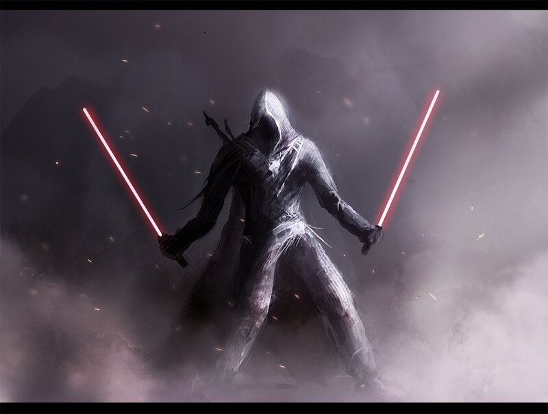 hooded warrior with lightsabers