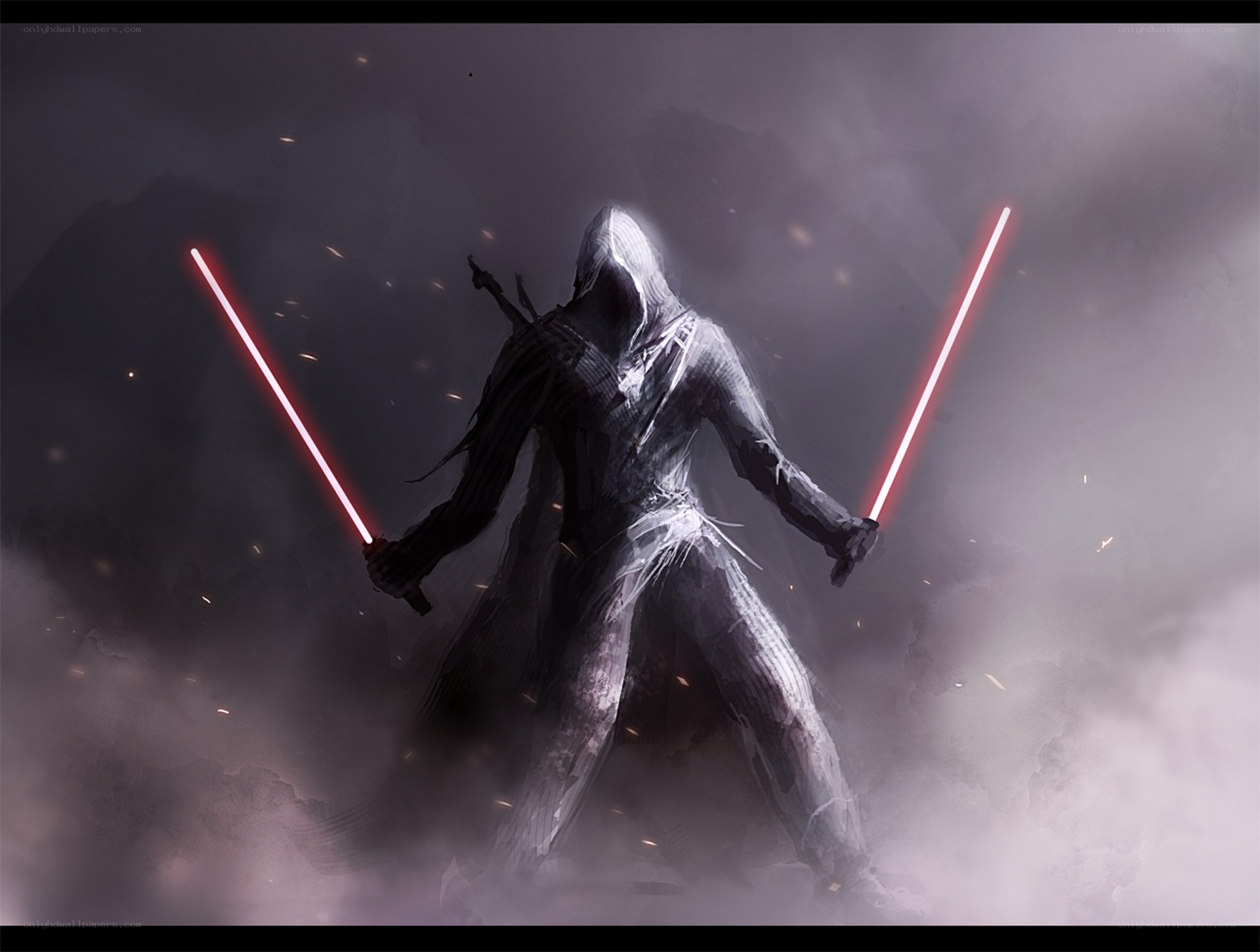 hooded warrior with lightsabers