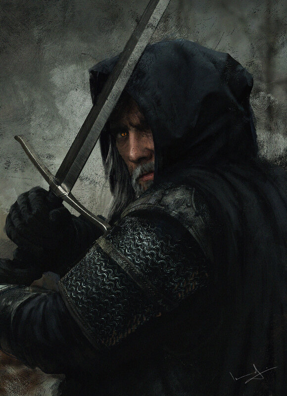Hooded Warrior with Sword — Black, Dramatic, Digital Art, Chainmail