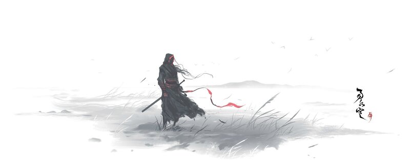 Hooded Warrior with Sword — Black, Dramatic, Digital Art, Red Ribbon, Birds