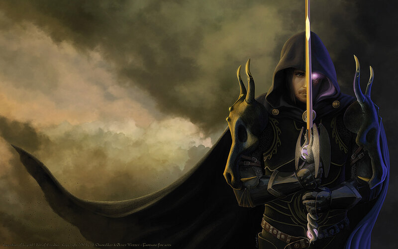 Hooded Warrior with Sword — Black, Dramatic, Night
