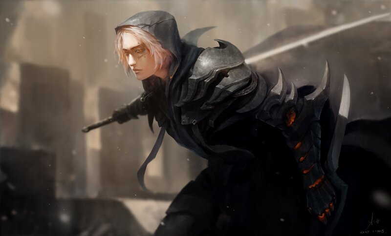 Hooded Warrior with Sword — Black, Dramatic, Winter